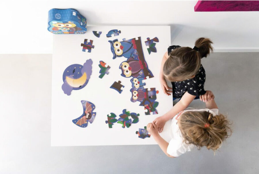 Deux enfants font le puzzle Hibou nuit de la marque Scratch